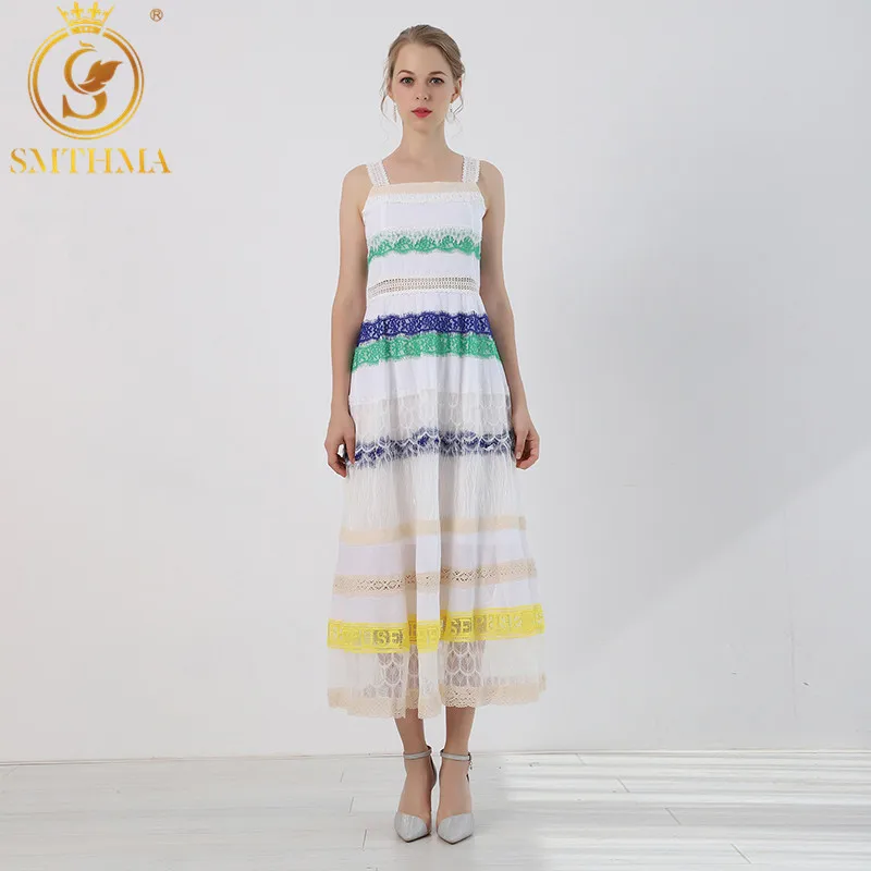 

SMTHMA High quality luxury runway Lace Long Dress Summer Women Lace Patchwork Hollow out Spaghetti Strap Holiday party Dresses