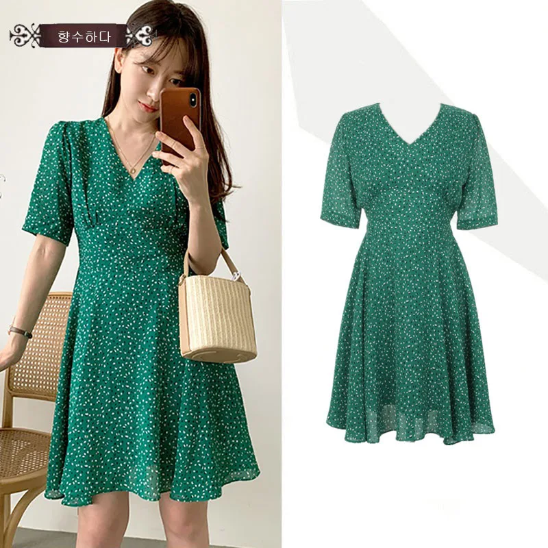 

Women Green Chiffon Dresses Hot Summer Korea Style Short Sleeve Flesh Floral Printed Comfortable V Neck A Line Dress E2706