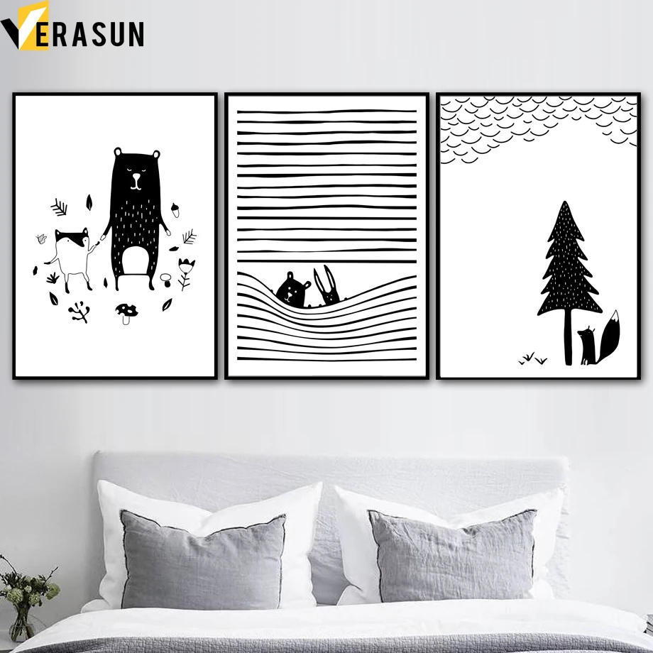 

Cartoon Tree Fox Bear Rabbit Wall Art Canvas Painting Nordic Posters And Prints Black White Wall Pictures Baby Kids Room Decor