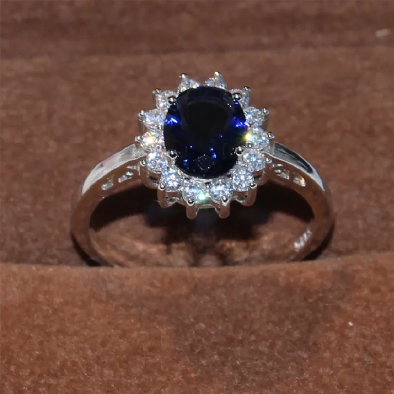 Eternal 925 серебряные ювелирные изделия принцесса кольцо в стиле Дианы для женщин роскошный синий сапфир камень вечерние Обручальные Bijoux свадебные кольца