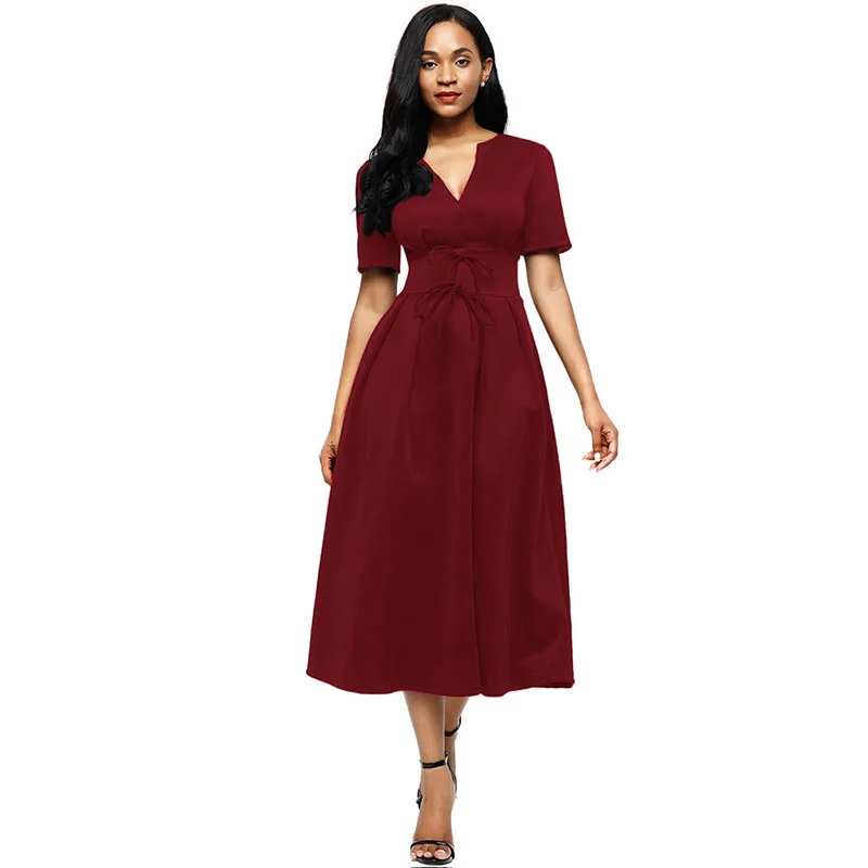 

LOVEBATU Brand Ankle Length Dress Splicing Bow Tie Shot Sleeve Dresses