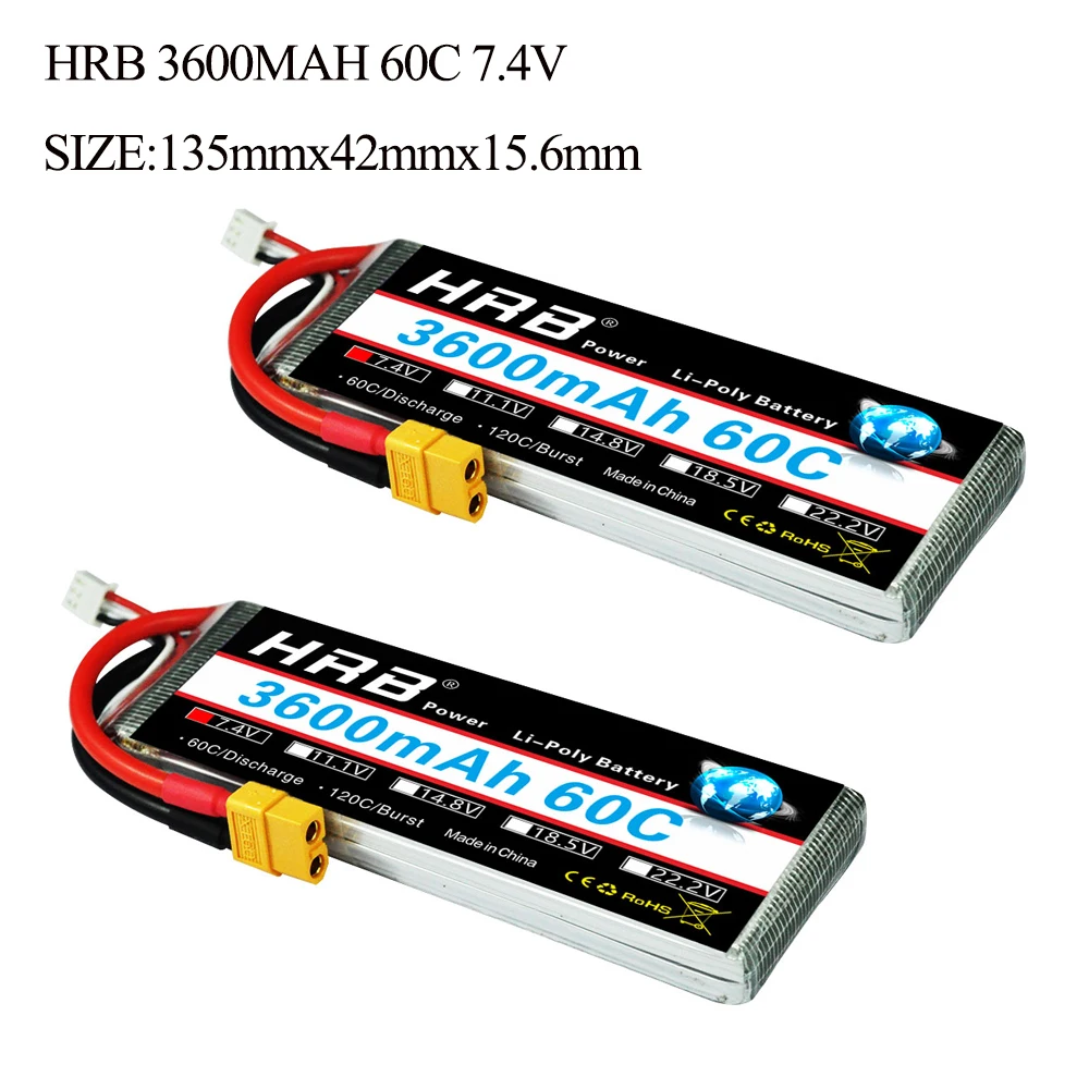 

2pcs HRB Lipo 2s Battery 7.4V 3600mAh 60C MAX 120C RC Bateria Drone AKKU For Helicopter Quadcopter Car Boat Airplane