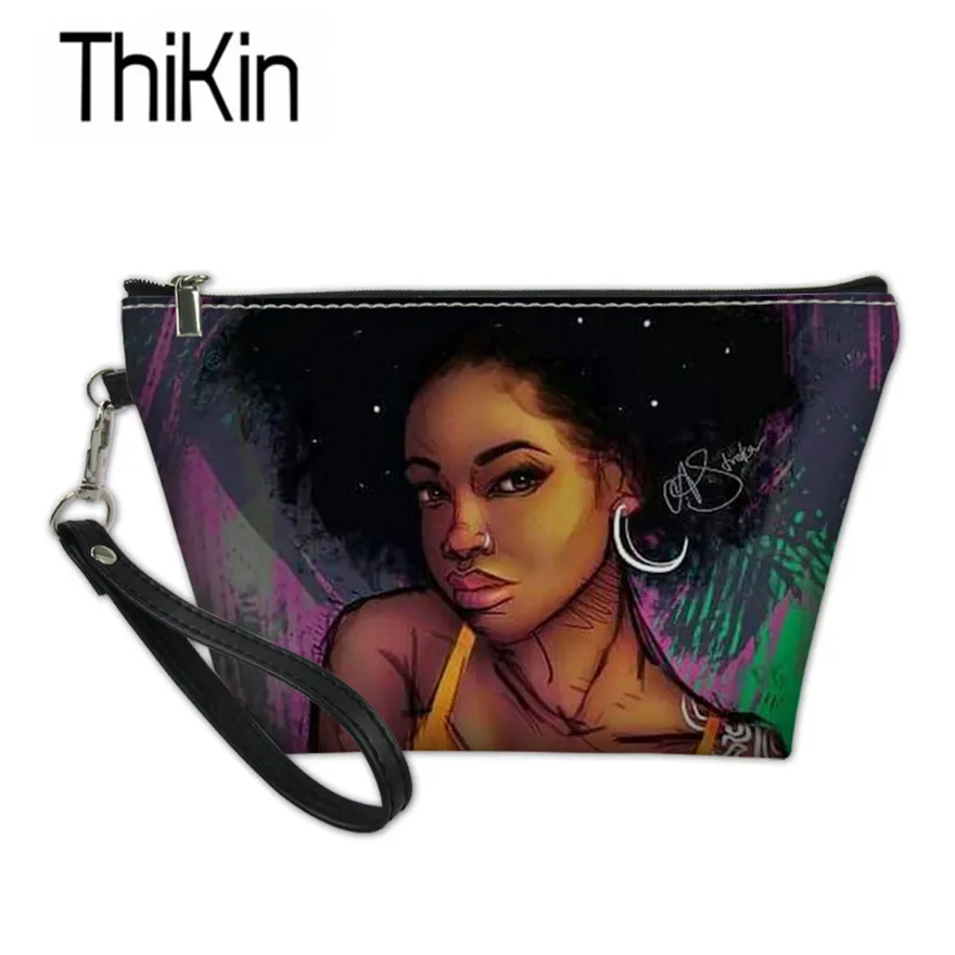 

THIKIN Cosmetic Cases for Make Up Women Black Art African Girl Printed Makeup Pouch Ladies Ethnic Toiletry Bag Females Sac A Dos