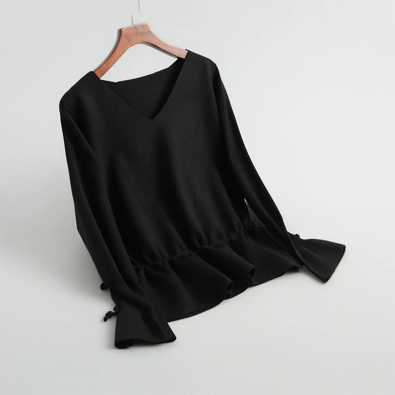 Women sweater loose style knitted solid color casual drawstring sweater design V-neck trumpet sleeve sweater
