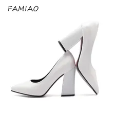 

FAMIAO Super high heels shoes black and white women pumps sexy point toe slip on red wedding shoes thick heel party concise pump