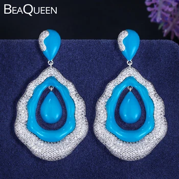 

BeaQueen Famous Designer Luxury Large Light Blue Water Drop Micro Pave Cubic Zirconia Dangling Earrings Jewelry for Wedding E284