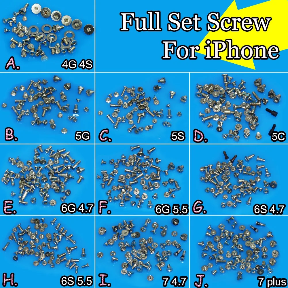 

JCD Silver Complete Full Set Screw Replacement Screw Set Kit For Apple for iPhone 6G 6s 7 7plus 4 4S 5C 5S 5G