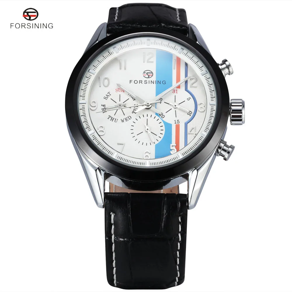 

Forsining Watch Retro Fashion Designer Blue Three Dial Decoration Genuine Leather Luxury Brand Men Automatic Mechanical Watches