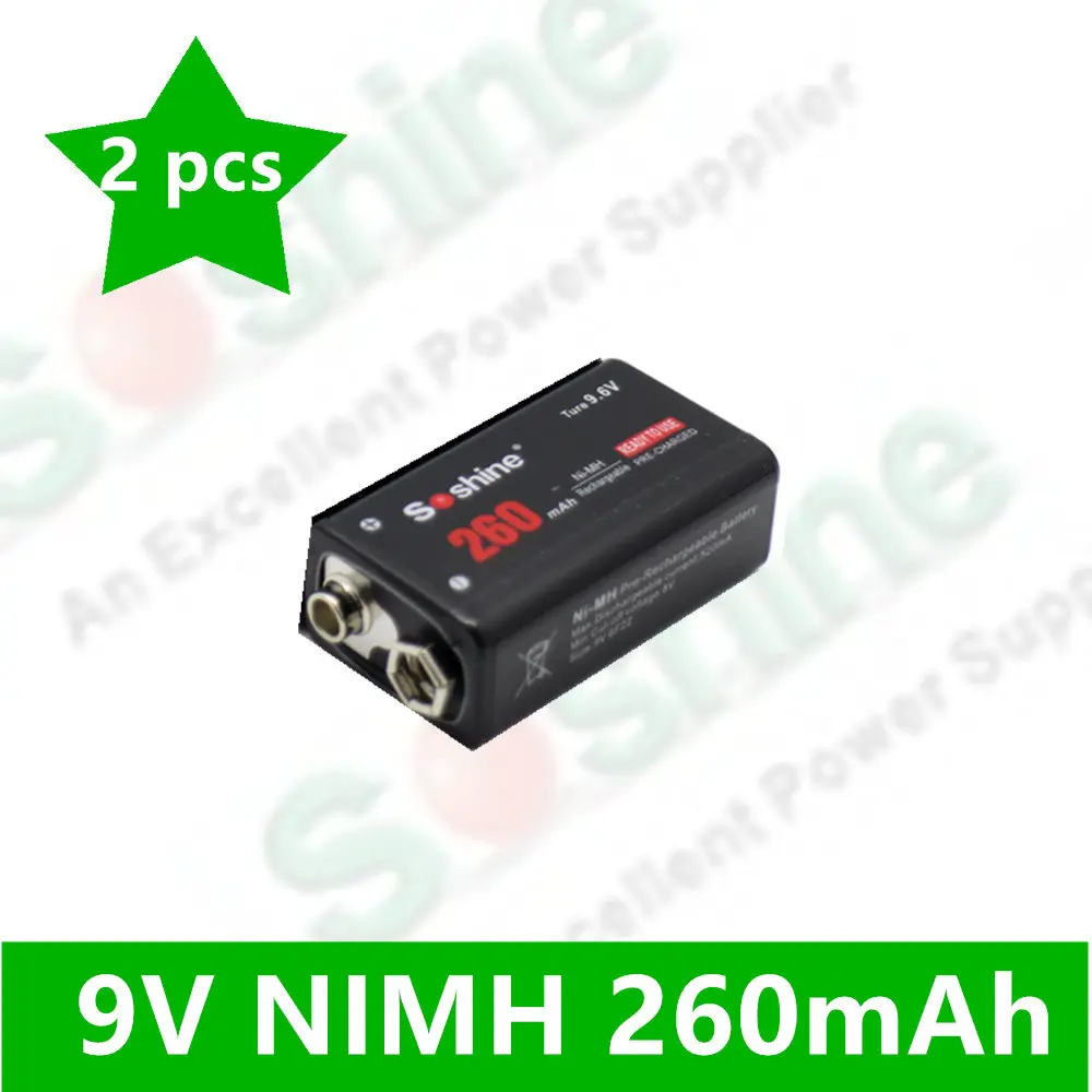 

2 pcs Soshine 9V 6F22 Ni-MH Rechargeable Battery 260mAh 9.6V batteries