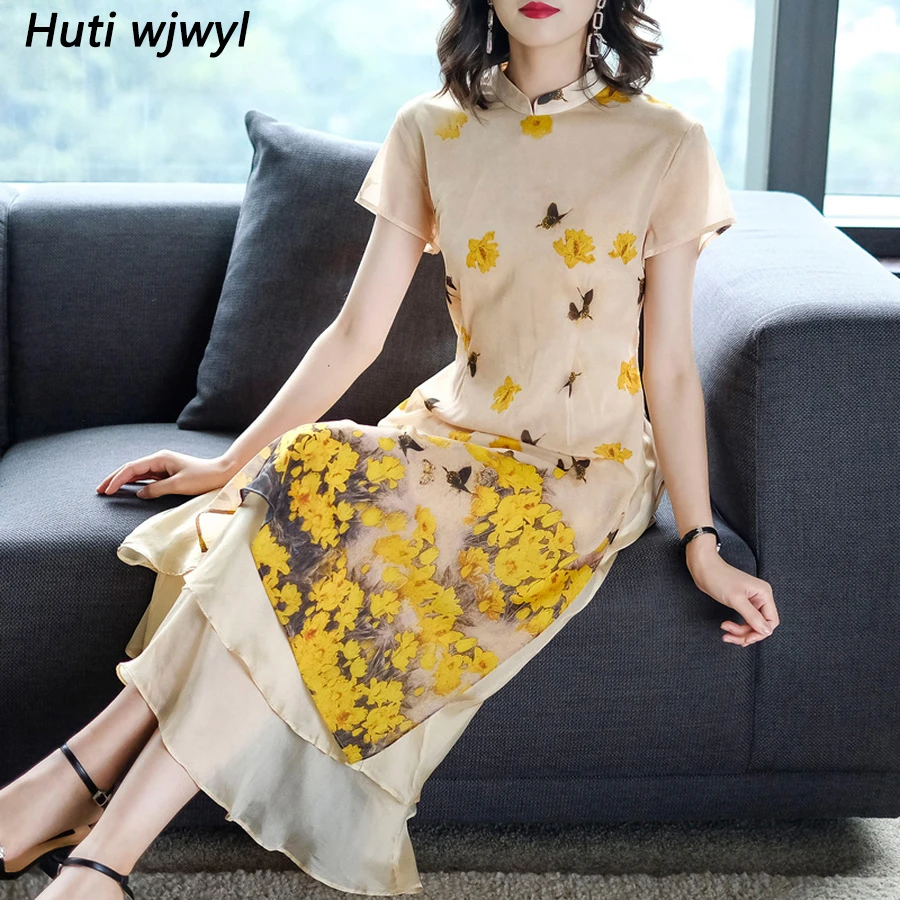 

2019 Vintage Floral Slik Chinese Style Midi Dress Summer 3XL Plus Size Print Maxi Sundress Elegant Women Bodycon Party Vestidos