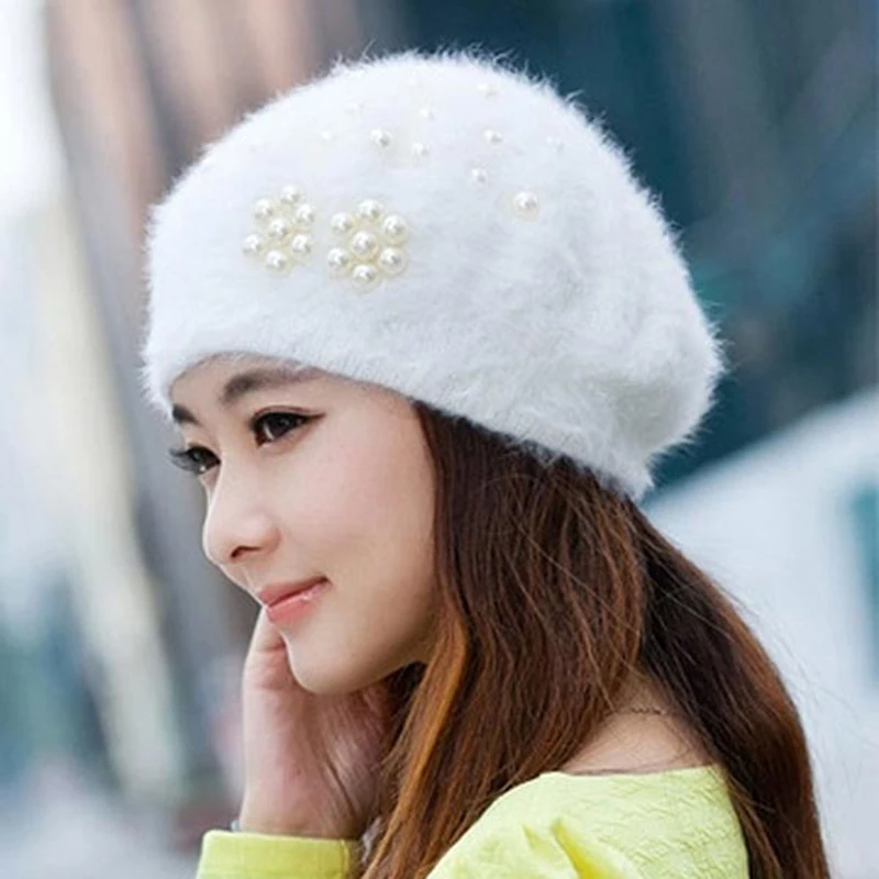 Berets Hot Sale Fashion Pearl Rabbit Knit Women Winter Beret Hat