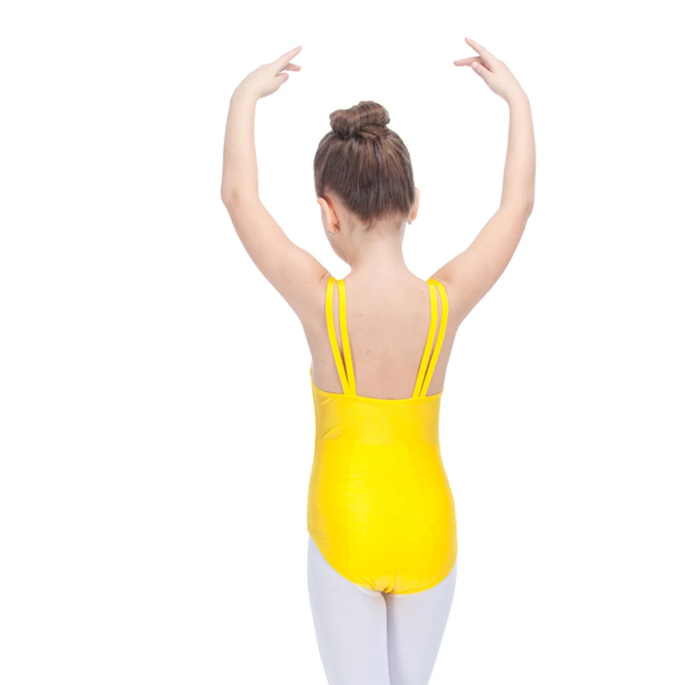 Балетные детские танцевальные желтые трико нейлон/лайкра двойные ремни камзол для девочек гимнастика полный размер