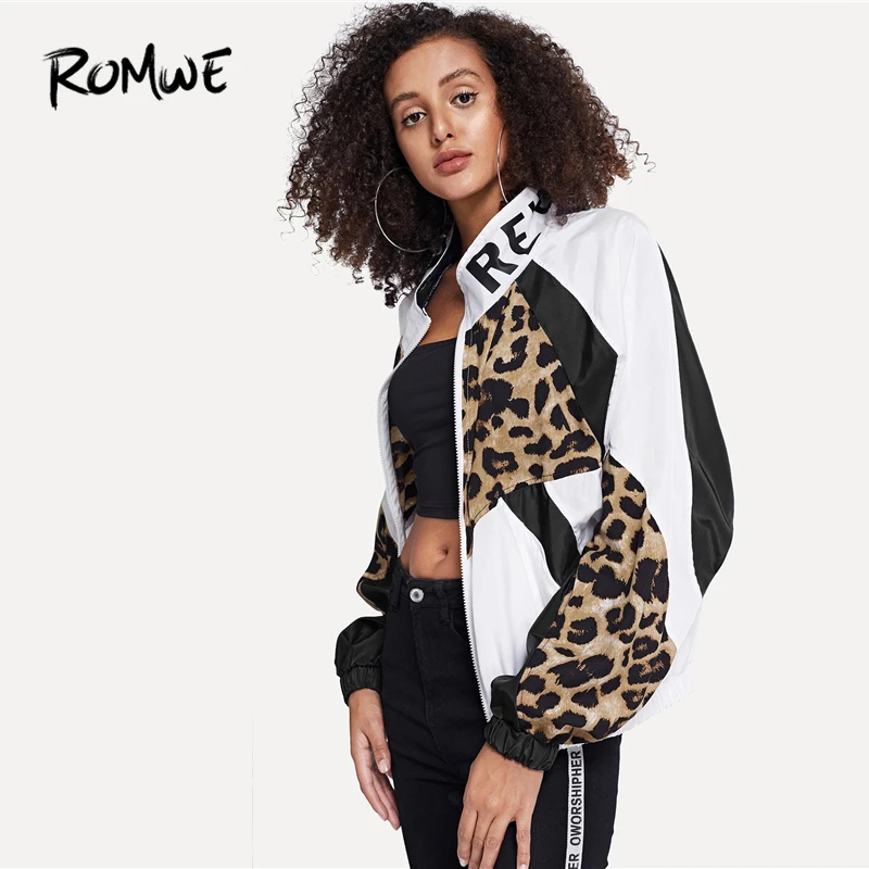 Goedkoop ROMWE Brief En Luipaard Print Jas 2019 Toevallige Wit Colorblock Lente Herfst Outer Rits Stand Kraag Lange Mouwen Jas