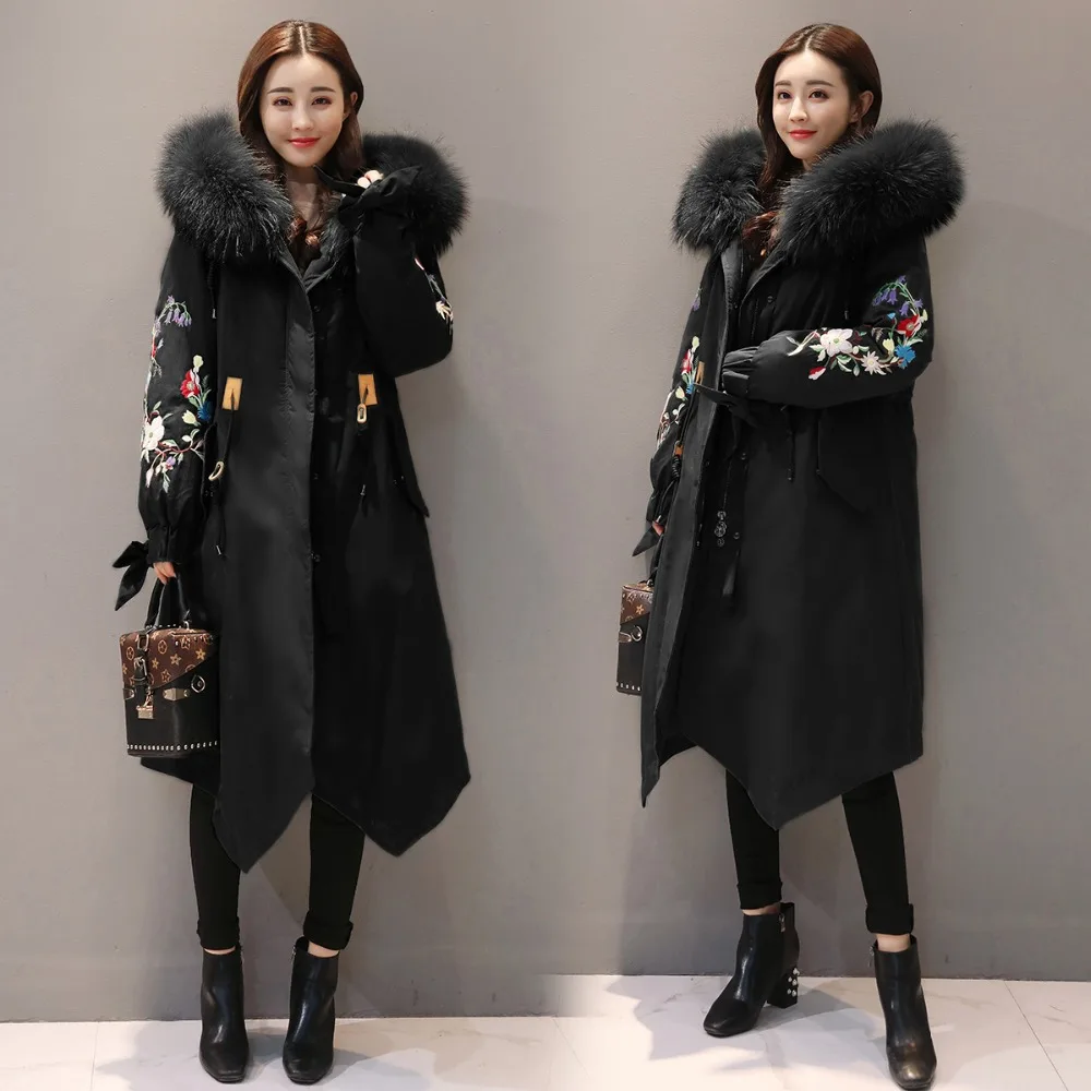 2018 Winter Jackets Women Embroidery Coats Big fur collar Hooded Down Jacket Warm Long Parka Women Thicken Cotton Jackets 1857