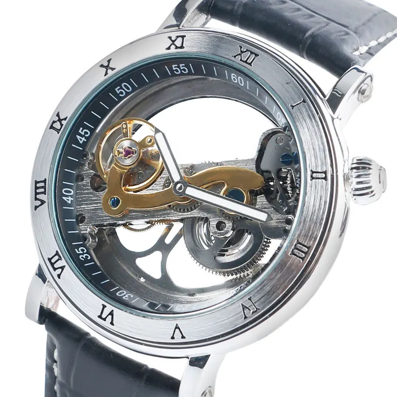 

Luxury Silver Transparent Mechanical Automatic Watch Roman Numbers Genuine Leather Wrist Watch Male Clock Business +Gift Box