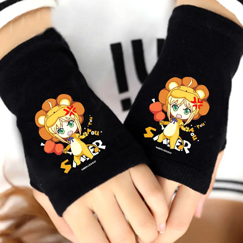 Модные вязаные перчатки для девочек Fate Zero Stay Night Saber с принтом без пальцев трикотажные перчатки из хлопка зимние теплые варежки Femme подарок - Цвет: Arturia Pendragon