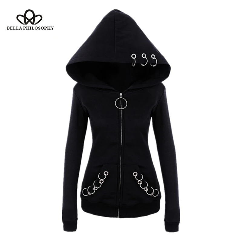 Wonder 2018 new autumn Gothic Hoodie Sweatshirts Black Crop Top punk hoodies Autumn Loose Hoodies Sweatshirts Female Casual Coat
