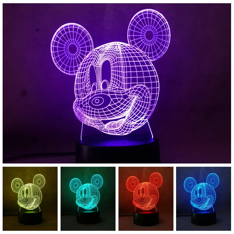

Luminous Mickey Mouse Head Model 3D Illusion LED Nightlight 7 Color Flashing Light Mickey Figure Party Toys for Kids Christmas