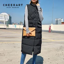 Cheerart 2017 Long Vest Winter Coat Women Sleeveless Down Jacket Slim Female Quilted Coat Femme Korean Waistcoat Colete