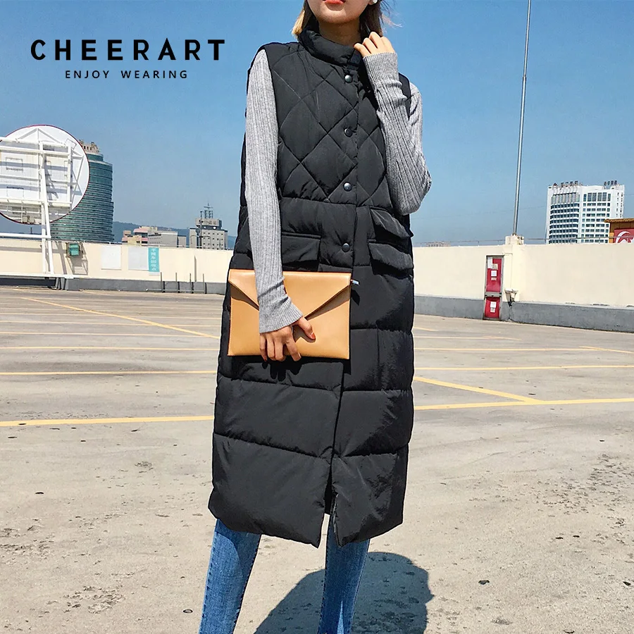 Cheerart Long Vest Winter Coat Women Sleeveless Down Jacket Slim Female Quilted Coat Femme Korean Waistcoat Colete