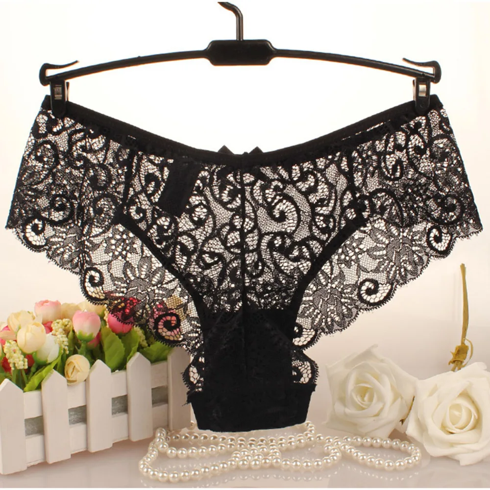 Polyester Women's Sexy Soft Lace Panties Black Breathable Hollow