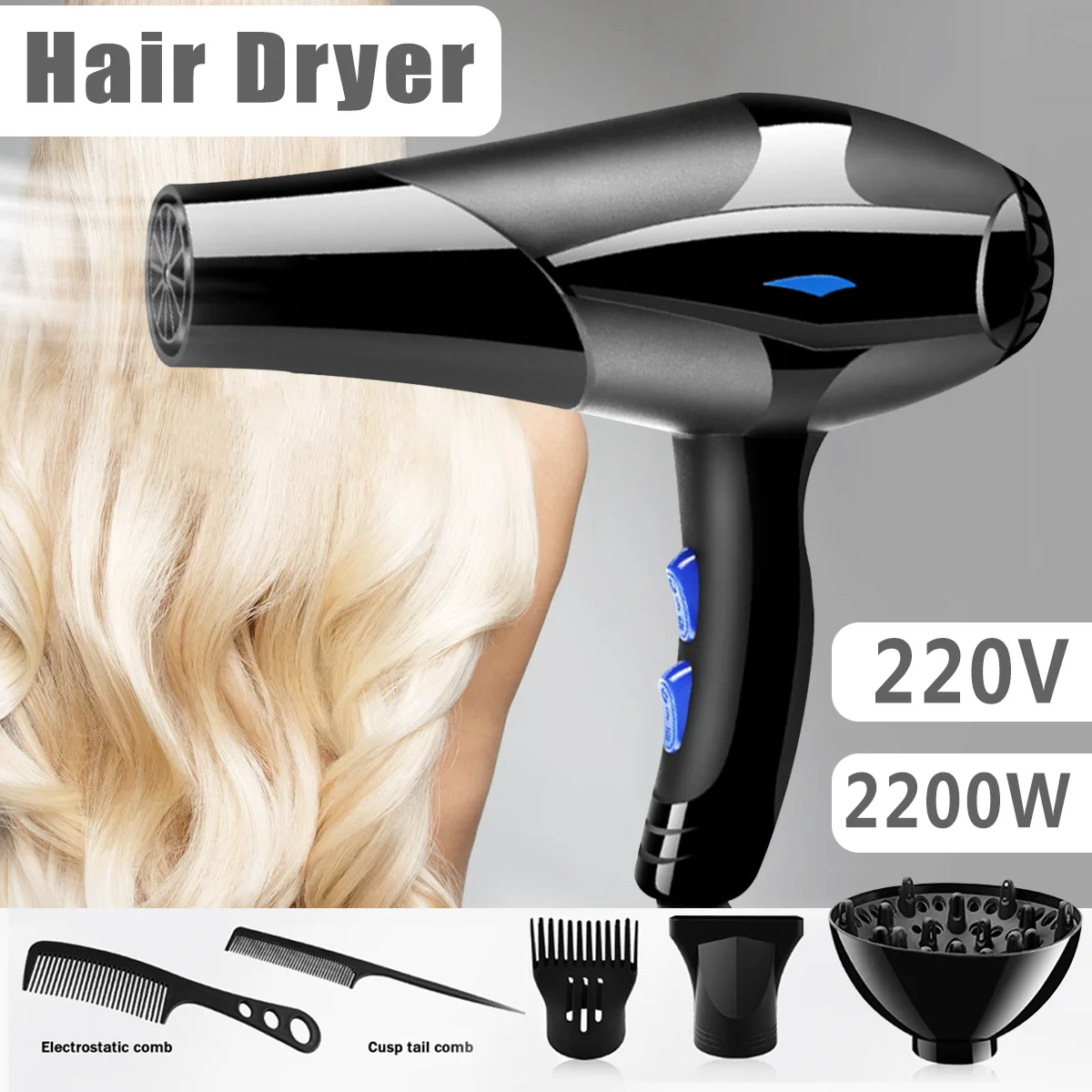 

Professional 220V 2200W Electric Hair Blow Dryer Blower Diffuser Comb Hairdressing Salon Styling Portable Traveller Home