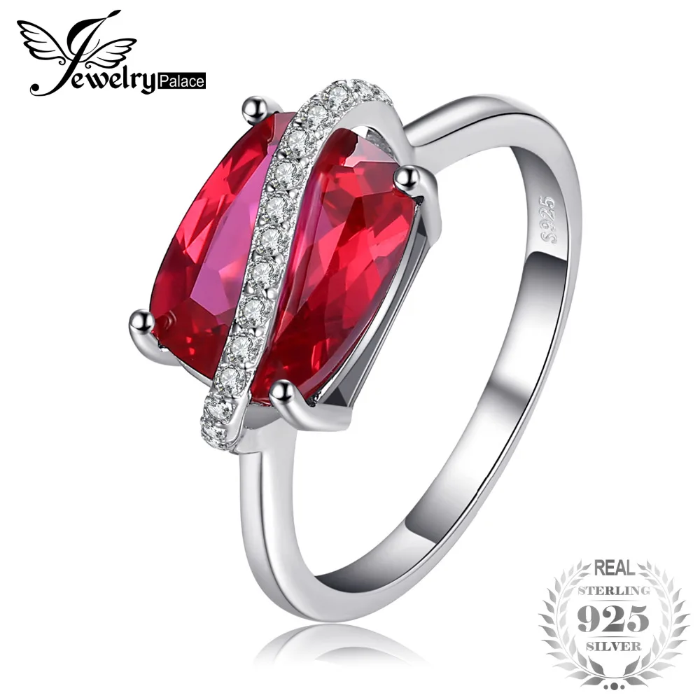 JewelryPalace Rectangle 4.26ct Created Rubies Ring 925 Sterling Silver