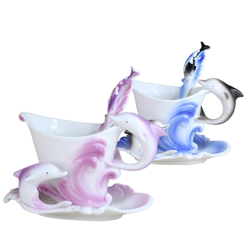 

Best Elegant Colored Ceramic Dolphins Enamel Coffee Mug Porcelain Suit Tea Water Dinkware Cup Mug And Saucer With Spoon Set