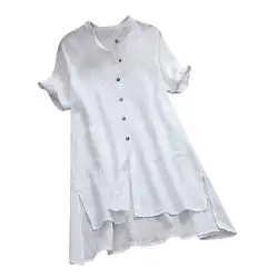 M-5XL дамы Кнопка v-образным вырезом подол Асимметричная Свободные с коротким рукавом большой Размеры женская одежда длинная рубашка для