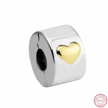 925 стерлингового серебра клип бусины Настоящее 14 К золото не покрытое классическое Сердце DIY Fit PANDORA Подвески для изготовления ювелирных изделий CL027K