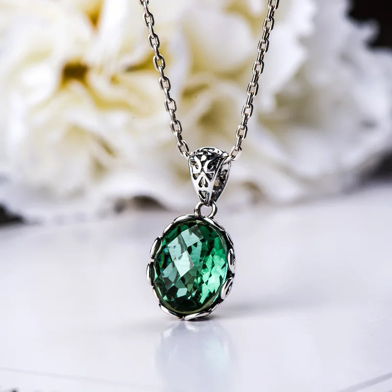 

Genuine Sterling Silver 925 Pendant For Women Emerald Natural Gemstone Vintage Crystal Necklaces & Pendants Cuarzo Piedra