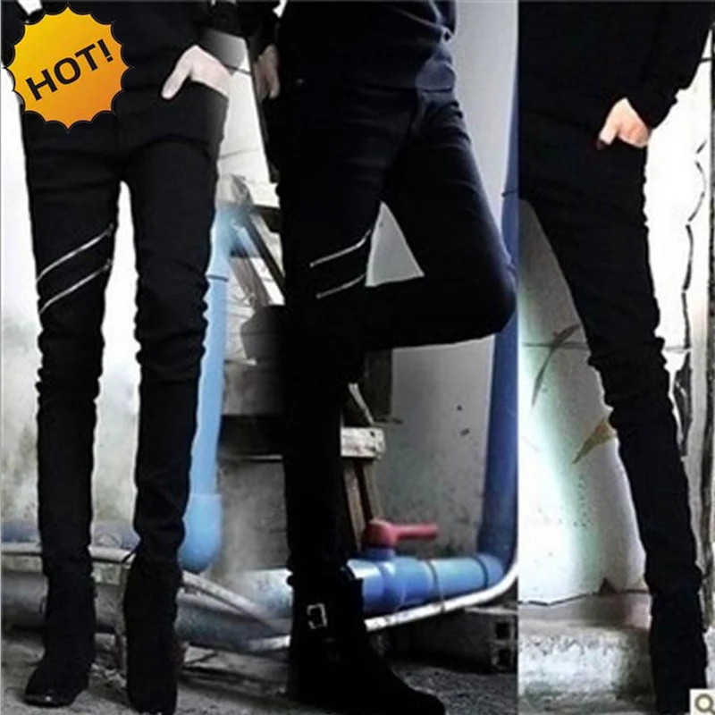 Wholesale Fashion Teenagers Nightclub stylist costumes Slim Black Jeans Double zipper Design Casual Pants Men Bottoms