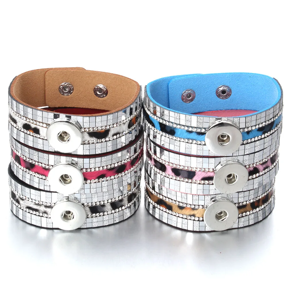 New Snap Jewelry Rhinestone Leather Bracelet Leopard Punk Button for Women Men Fit 18MM | Украшения и аксессуары