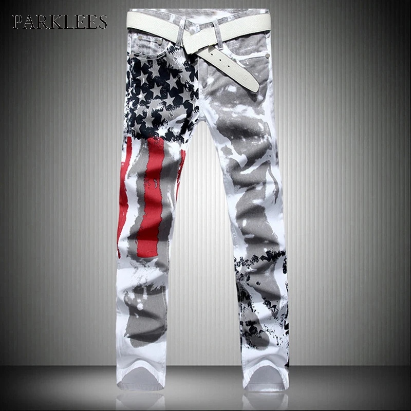 

New White Jeans Men 2017 Fashion Hip Hop USA Flog Print Washed Cotton Jeans Casual Elastic Slim Skinny Mens Biker Jeans Pants 44