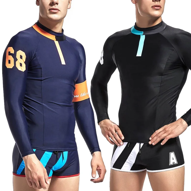 

2019 Newly Men Swimwear Tops Long Sleeves Slim Fit Soft Elastic Sun Protective Trunks for Swimming