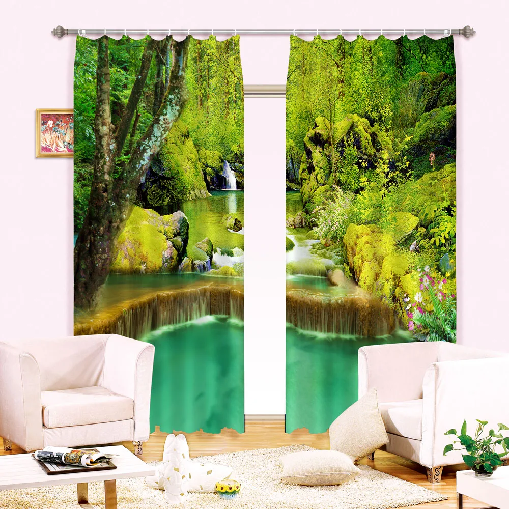 

Jungle waterfall water curtain of 3 d digital three-dimensional 100% black silk curtains shading
