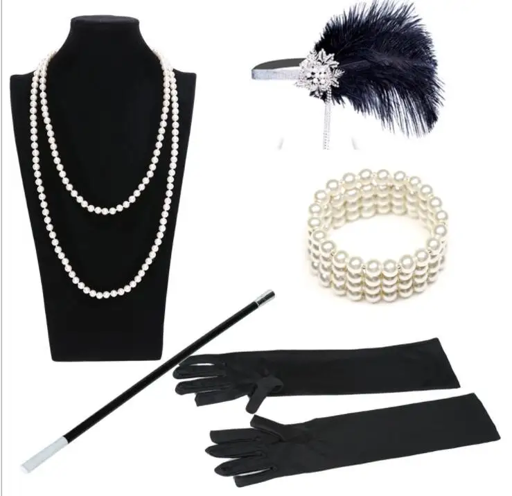 1920S 20S GATSBY CHARLESTON FLAPPER FANCY DRESS ACCESSORIES feather headband COSTUME KIT Cigarette holder gloves pearl necklace - Цвет: as shown