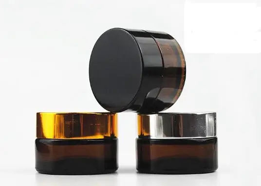 

10pcs/lot Amber Glass Jar Pot Skin Care Cream Refillable Bottle Cosmetic Container Makeup Tool With Black Lid For Travel Packing