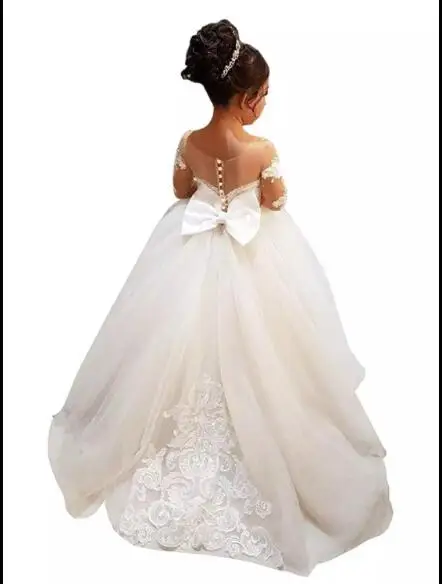 

Bow Lace Applique Flower Girl Dress Lace Vintage Dresses For Party Custom Made Princess Tutu with Train