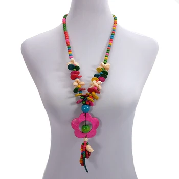 

Wholesale Ethnic Necklace Flower Coconut Shell Multicolor Tassel Wooden Beaded Strand Handmade Knitted Women Bohemian Jewelry