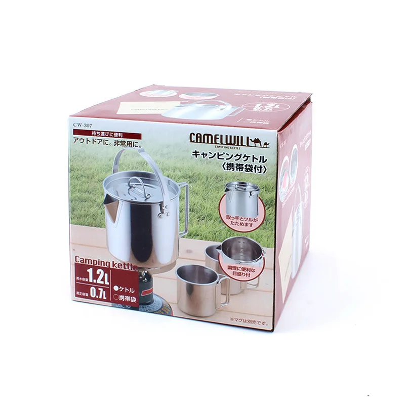 1.2L al aire libre de acero inoxidable de teteras montañismo camping portátil hervir agua colgando de la olla de sopa caliente café vajilla