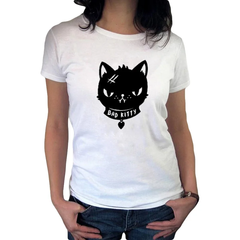 Bad Kitty White T shirt Harajuku Funny Cat T shirt Women Tops Cartoon