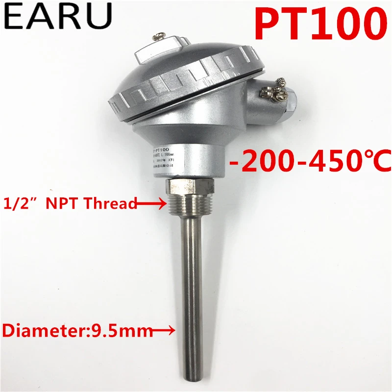 

1pc RTD PT100 Temperature Sensors 9.5*100mm Long Probe with 1/2" NPT Threads Terminal Head -50~450C Thermocouple Custom-Made OEM
