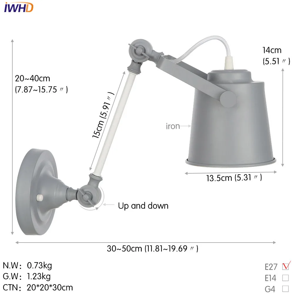 IWHD железная Регулируемая цветная настенная лампа светодиодный Скандинавское настенное освещение в стиле лофт винтажный промышленный Wandlamp Ретро настенный светильник для домашнего освещения