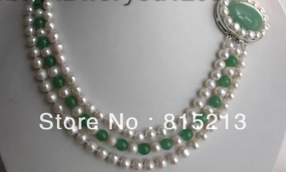 

FREE SHIPPING>>>@@ > N317 3rows Natural White Pearl Green Jade Necklace