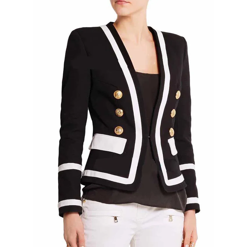 

Fall Metal Double-breasted black and White Hit Color Classic Slim Suit Jacket Women's Jacket 180627WG02