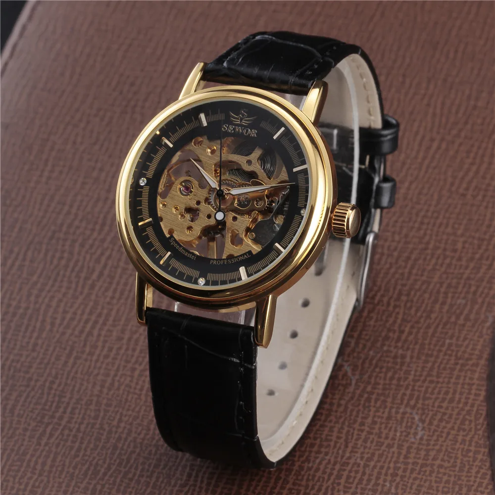 Goedkoop 2018 SEWOR Hollow Mechanische Hand Wind Mannen Vrouwen Horloges Classic Carving Skeleton Gold Dial Lederen Band Polshorloge