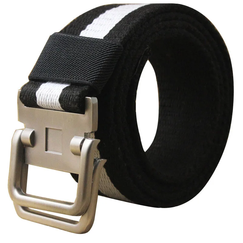 

New stripe Canvas belt fashion Alloy Double ring buckle Men belt casual Thicken Canvas Men and Women belt 110-140cm