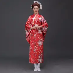Бесплатная доставка Красный Винтаж японский Для женщин полиэстер сатин кимоно юката Mujeres Quimono вечернее платье цветок один размер