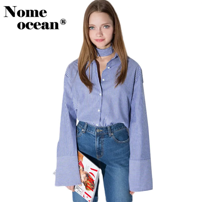 White Stripe Perkins Collar Long Sleeves Blouses